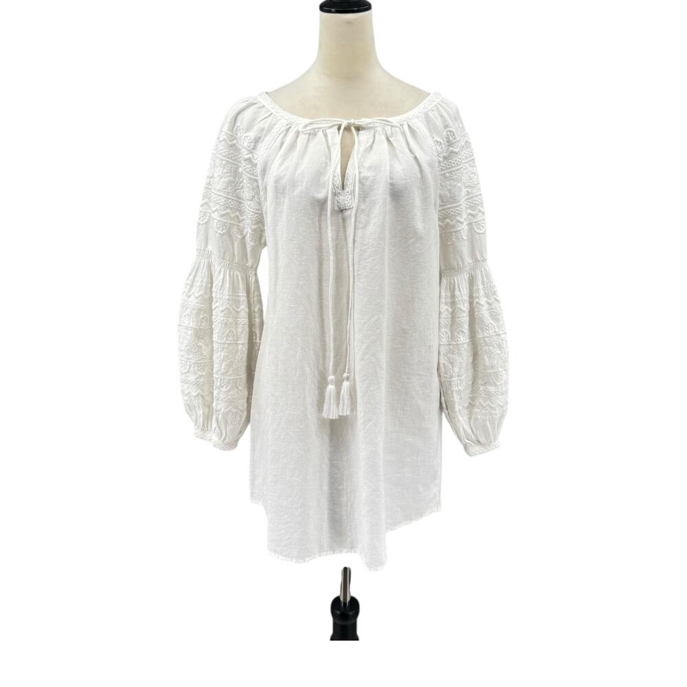 Ivy Jane White Linen Cotton Blend Embroidered Long Balloon Sleeve Mini Dress